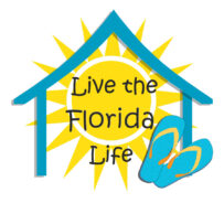 Logo for Live the Florida Life website. There is a shape of a house with just walls and a roof with a graphic of a sun in the background and a pair of flip flops.