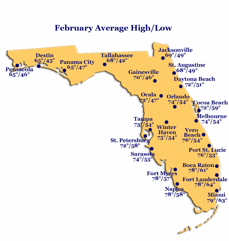 Florida weather map showing winter highs and lows by city